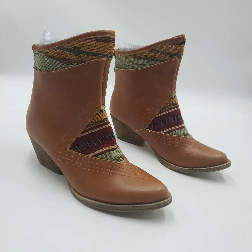 Sbicca Cognac Booties with Aztec Print Fabric Western Booties Size 6